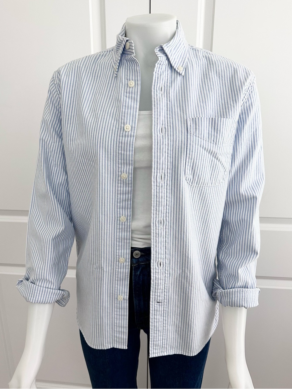 Blue & White Striped Oversized Menswear Long Sleeve Oxford Button Down Shirt
